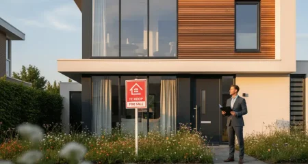 Moderne woning met te koop bord