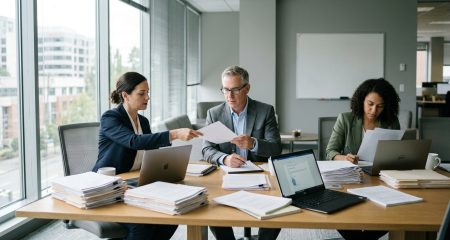 Vergadertafel met geordende stapels documenten en laptops tijdens een onderzoek