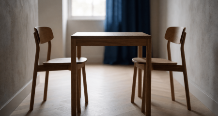 Twee identieke stoelen tegenover elkaar aan een kleine vierkante tafel