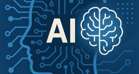 a blue background with a brain and a symbol