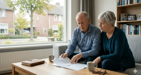 een ouder Nederlands echtpaar dat samen op een bank in hun moderne woonkamer zit en een juridisch document bestudeert. De man en vrouw kijken allebei met een bezorgde blik naar het document op de salontafel voor hen. Op de tafel liggen ook twee mokken, een notitieboekje en een bril. Door het grote raam op de achtergrond zijn typische Nederlandse huizen en bomen te zien.