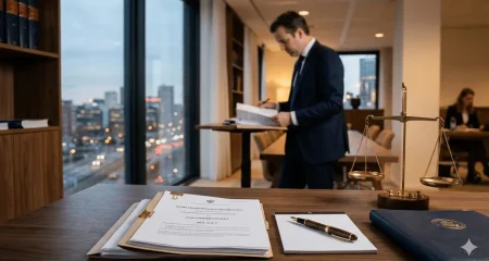Advocaat bestudeert juridische documenten op kantoor — symbolisch voor schuldeisersrechten na WSNP