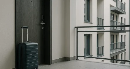 Koffer naast hotelkamerdeur op balkon