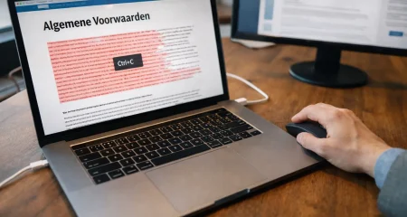 Bovenaanzicht laptop waarop algemene voorwaarden van website worden gekopieerd, waarschuwende visualisatie van juridische risico's bij kopiëren van internet