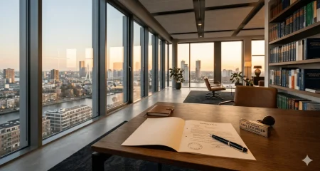 Modern Nederlands advocatenkantoor met notariële akte en vulpen op bureau, stadssilhouet zichtbaar door vloer-tot-plafond ramen tijdens het gouden uur — ter illustratie van de oprichting van een B.V. in Nederland.