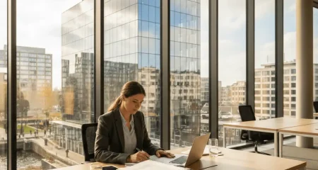 Ondernemer bekijkt juridische documenten aan een modern bureau bij het raam, met uitzicht op een zakelijke omgeving — symbolisch voor het oprichten van een BV in Nederland.