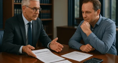 evolen voor SEO, max 125 tekens): Advocaat en werknemer bespreken ontslagvergoeding aan conferentietafel in modern advocatenkantoor