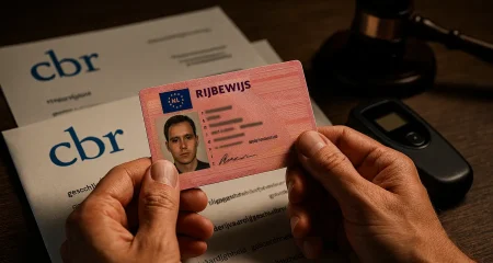 Hand met rijbewijs en documenten.