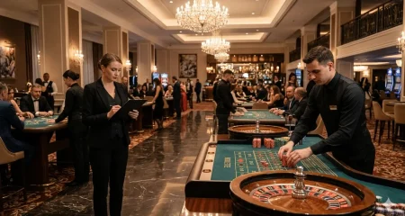Casinomedewerkers in formeel uniform aan de speeltafels op een verlichte casinovloer — illustratie bij het artikel over proeftijdontslag in de casinosector.