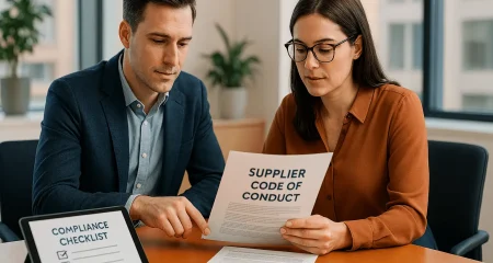 Twee zakelijke professionals bespreken een gedragscode voor leveranciers aan een vergadertafel - juridisch advies Law & More