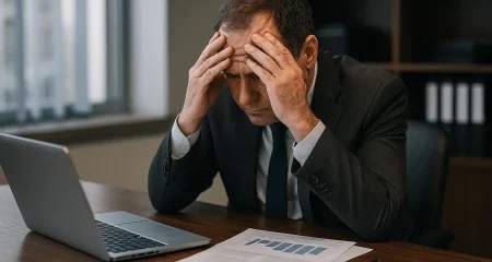 Zorgelijke man achter bureau met laptop.