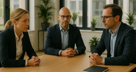 Drie mensen in een vergaderruimte.