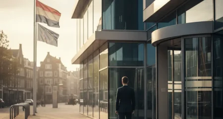 Een professional staat voor een modern glazen kantoorgebouw in Nederland, symbool voor juridische zekerheid en verblijfsrecht tijdens een bezwaarprocedure.