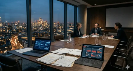 Zakelijke vergaderzaal met laptop, juridische documenten en een AVG-compliance dashboard met waarschuwingsindicatoren — illustratie bij juridische risico's van datadeling onder de AVG