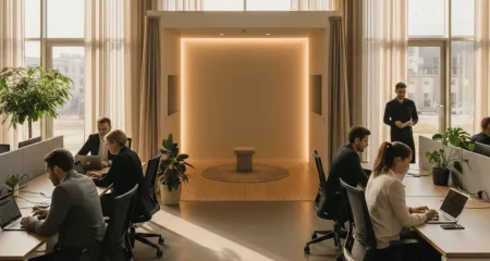 Moderne kantooromgeving met een lichte, rustige gebedsruimte op de achtergrond, als illustratie van godsdienstvrijheid op de werkvloer.