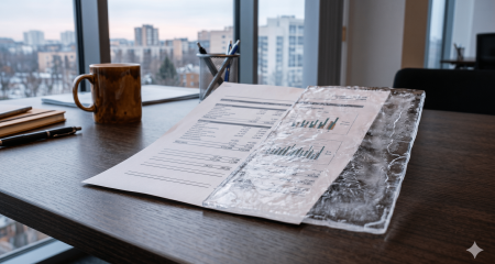 Financial report with bar charts and graphs lying on a wooden office desk beside a coffee mug, with a city skyline visible through the window