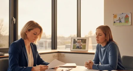 Advocaat in gesprek met ouder over kinderbeschermingsrecht in modern kantoor van Law & More, met juridische documenten en IVRK wetboeken op bureau