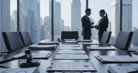 Juridische documenten en financiële rapporten op vergadertafel in advocatenkantoor met uitzicht op zakelijke skyline, representatief voor kartelschadeclaims en mededingingsrecht procedures