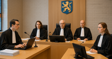 Rechters in een moderne rechtszaal.