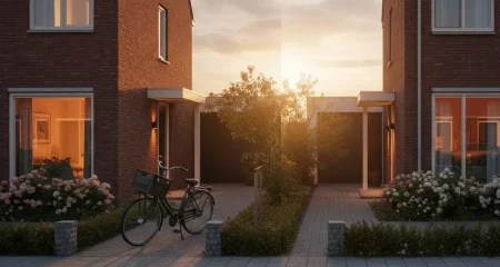 Moderne Nederlandse woonwijk met twee vrijstaande huizen naast elkaar, symboliserend de verdeling van vermogen bij echtscheiding