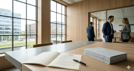 Modern Nederlands notariskantoor met contractdocumenten en due diligence mappen op een vergadertafel, met natuurlijk daglicht door grote ramen — illustratie bij een juridische gids over warranties, vrijwaringen en escrow bij bedrijfsovernames
