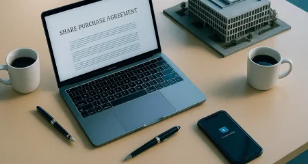 Laptop met aandeelovereenkomst en koffie