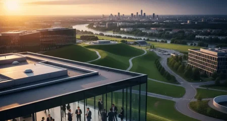 Luchtfoto van een modern tech campus bij gouden uur, met glazen kantoorgebouwen omgeven door groene heuvels en een stadssilhouet op de achtergrond — symbolisch voor het snijvlak van technologie en juridisch risico.