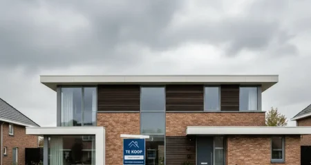 Moderne Nederlandse gezinswoning met een Te Koop bord in de voortuin, onder een bewolkte grijze lucht – illustratie bij een blog over echtscheiding en de verdeling van de eigen woning
