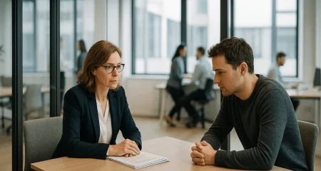 HR-manager voert formeel gesprek met werknemer in moderne kantooromgeving over arbeidsrechtelijke kwestie