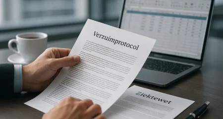 Professioneel kantoorbeeld met lege werkplek op voorgrond met computer die verzuimkalender toont, en op achtergrond een HR-manager in pak die zorgvuldig personeelsdossiers en ziekteverzuimdocumenten bestudeert in modern Nederlands bedrijfskantoor