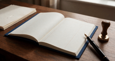 Opengeslagen blauw registerboek met vulpen en firmastempel op een bureau