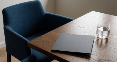 Een lege spreekkamer met twee stoelen aan een eikenhouten tafel, een gesloten dossiermap en een glas water.
