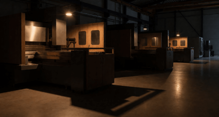 Donkere fabriekshal met stilstaande machines en alleen noodverlichting
