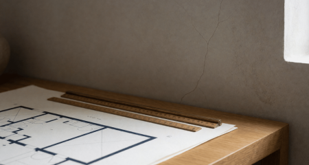 Bouwtekening met een liniaal en een scheurtje in de muur erachter