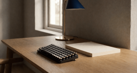 Schrijfbureau met een toetsenbord en blanco papier naast een lamp