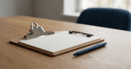 Blanco blocnote met een pen op een vergadertafel