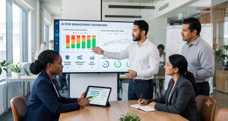 Professionals bekijken een dashboard over hoog-risico AI-systemen tijdens een overleg