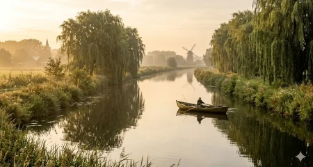 Een Nederlandse gracht in het gouden uur met een roeibootje tussen twee oevers, weerspiegeld in het stille water onder treurwilgen