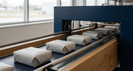 Schone productielijn met blanco verpakkingen op een lopende band