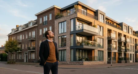 Verhuurder kijkt op naar een modern Nederlands appartementengebouw in warm avondlicht, als symbool voor de keuze tussen gereguleerde huur en vrije sector.