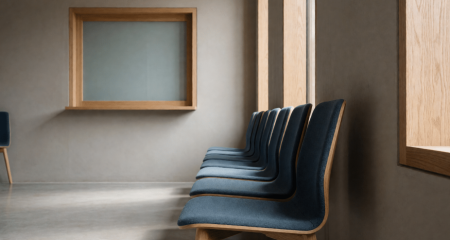 Rij lege stoelen in een wachtruimte bij een gesloten loket