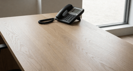 Leeg opgeruimd bureau met een losgekoppelde bureautelefoon
