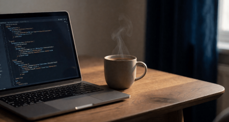 Laptop met programmeercode op een houten bureau naast koffie