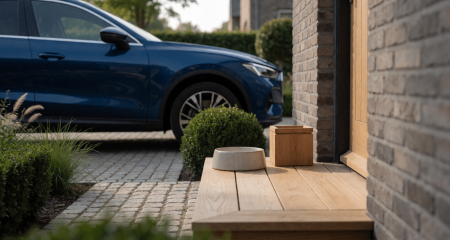 Auto naast een tuin met een voerbak en een doosje op de stoep
