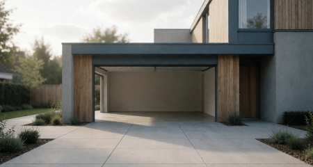 Lege oprit voor een woning met een openstaande garagedeur