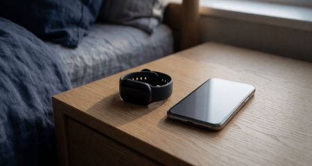 Activitytracker en een telefoon op een nachtkastje in ochtendlicht