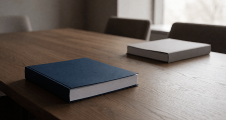 Twee dikke documentbundels tegenover elkaar op een vergadertafel