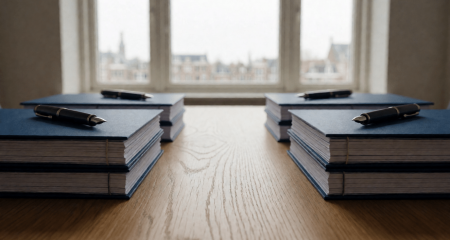 Twee stapels ingebonden contracten tegenover elkaar op een eikenhouten vergadertafel