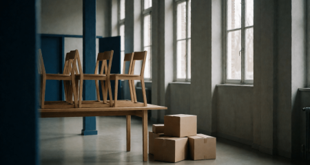 Leeggeruimd kantoor met stoelen op een bureau en enkele verhuisdozen