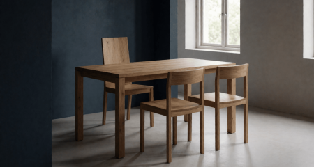 Bureau met één hoge stoel en twee eenvoudige stoelen ertegenover